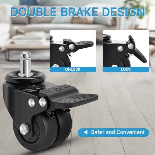 Nefish Office Chair Caster Wheels with Brake, 11mm, 2 Inch Heavy Duty Rubber Office Chair Wheel Replacement, Support 750lbs(Set of 5), Quiet Desk Chair Rollers, Safe for All Floors, Universal Fit