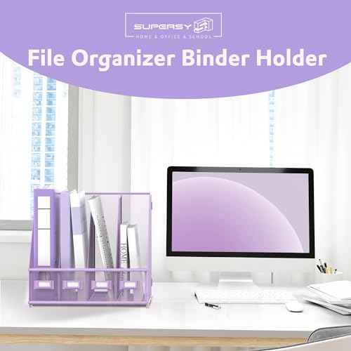 SUPEASY Magazine File Holder Desk Organizer, Metal Binder Holder with 4 Vertical Compartments for Office Home School, Purple Plus