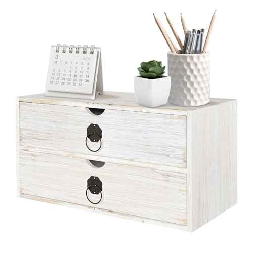 Wood Desk Organizer, White Wooden Desktop Organizer with Drawer, Tabletop Storage Organization Box for Countertop, Home Office Supplies, Bills (2 Drawer)