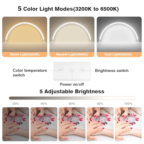 Nail Light for Desk, 30'' LED Half Moon Lamp for Nail Techs, Manicure and Handicraft, Adjustable Color Modes and Brightness, with Phone Holder (White)