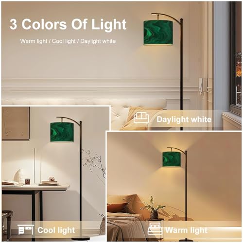 Arc Floor Lamp Green Emerald Luxury Abstract Golden line Art Marble Modern Tall Standing Lamp Dimmable with Remote Adjustable Drum Shade Footswitch for Living Room Bedroom Office