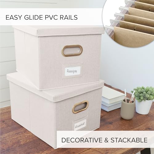 ZICOTO Decorative File Organizer Box Set of 2 - Collapsible Linen Filing Cabinets w/Handles Are Perfect to Store all Your Documents & Hanging File Folders - Portable Easy Slide Crates with Lid