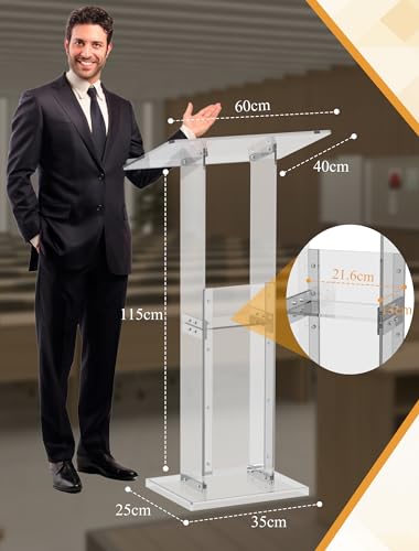 ClarityCraze White Acrylic Podium Stand with Storage Shelf, 45.5" Lectern for Classroom & Events