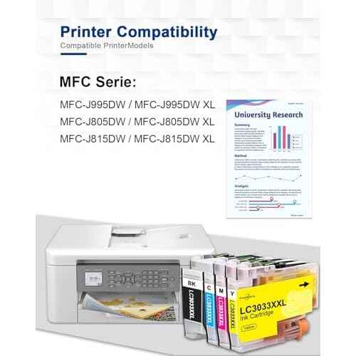 LC3033XXL Ink Cartridges Super High Yield Replacement for Brother LC3033 Ink Cartridge Compatible with MFC-J995DW MFC-J805DW MFC-J815DW MFC-J995DW XL MFC-J805DW XL Printer 4-Pack£¨BK/C/M/Y£©
