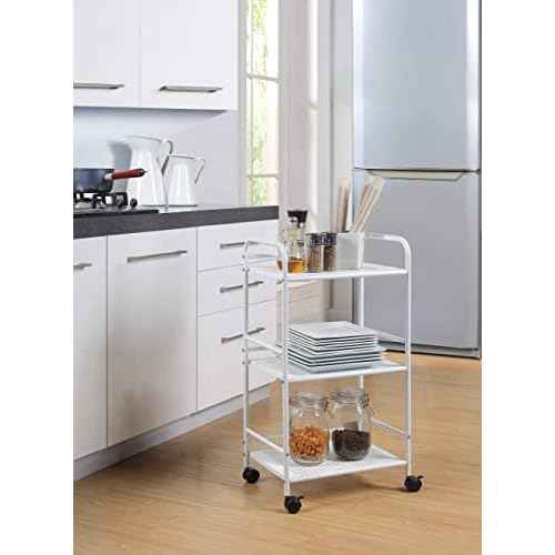 SunnyPoint 3-Tier Rolling Utility Cart ? Metal Storage Organizer with Wheels, Mobile Kitchen Cart, Office & Home Organizer, White, 12" D x 16.92" W x 31.1" H