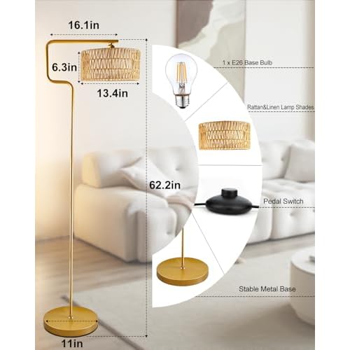 Lightdot 62IN Arc Rattan Floor Lamps for Living Room, Boho Standing Lamp with Rattan& Linen Double Lampshades, E26 3000K Soft Warm White Bohemian Caged Floor Lamp for Bedroom, Office-Gold