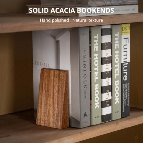 Muso Wood Brown Book Ends - Thickened Wooden Bookends for Heavy Books, Handmade Acacia Decorative Shelving Support