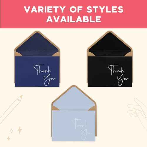 VNS Creations 20 Pack Thank You Cards With Envelopes, Stickers, 4x6 Inch Blank Thank You Notes - Bulk Box Set Large Notes for Graduation, Wedding, Small Business, Baby & Bridal Shower - Navy Blue