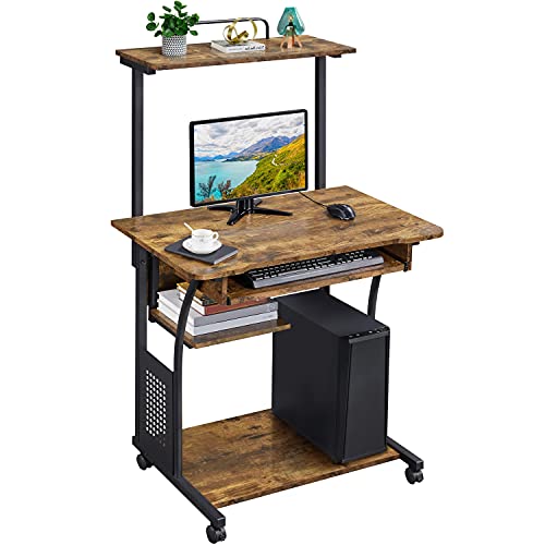 Yaheetech Rustic Brown Small Rolling Computer Desk with Hutch & Shelves