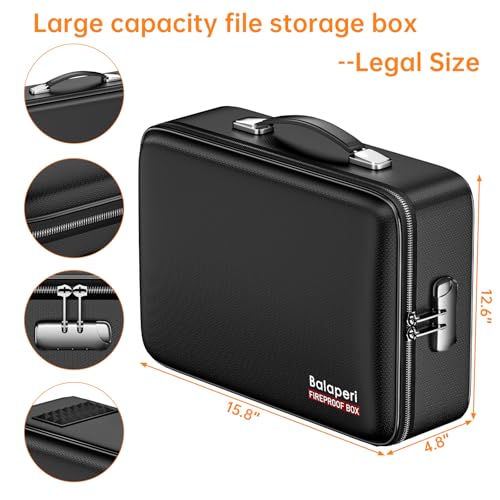 BALAPERI Fireproof File Organizer with Fireproof Zipper,Fireproof Document Box Hard Case with Lock,Portable Document Safe for Important Document Laptop Valuables(Black,15.8"x4.8"x12.6")