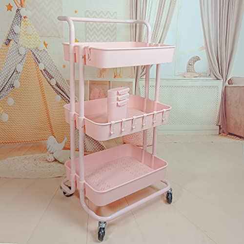Ceeyali 3-Tier Rolling Utility Cart Storage Organizer Shelf Cart with Lockable Wheels and 3PCS Cups and 8PCS Hooks for Home Kitchen,Bathroom,Office,Laundry Room etc. (3 Cup 8 Hook Pink)