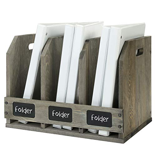 MyGift Vintage Gray Solid Wood Magazine Holder with 3 Compartments and Chalkboard Label, Office Home Desktop Document Organizer, Desk File Folder and Binder Rack