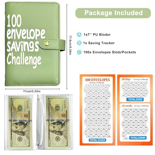 Whitefoxen Olive Green Money Saving Challenge Binder - 100 Envelopes & Tracker, Portable Budget Planner