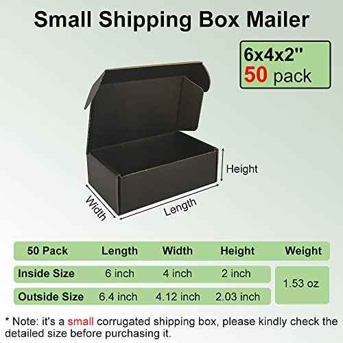 50 Pack 6x4x2'' Small Shipping Boxes, Black Corrugated Cardboard Literature Mailers, Mailing Packaging Supplies for Small Business (BK642-50)