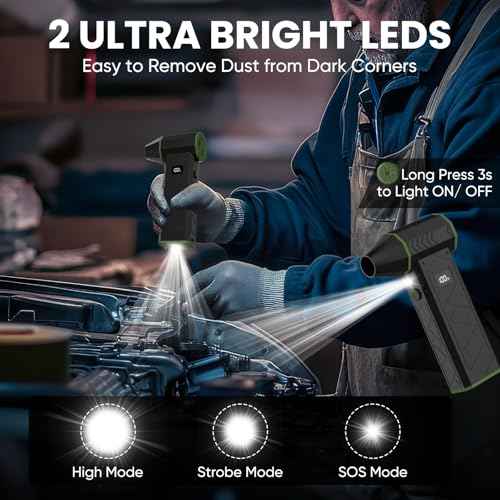 Compressed Air Duster with Flashlight, 180000RPM Electric Air Duster with 4 Gear, 10000mAh Rechargeable Air Blower with LED Light, Air Duster for Car, Computer, Keyboard, Outdoors, Home (Green)