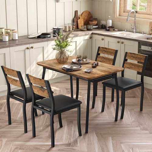 Garvee Retro Dining Table Set for 4 in Modern Metal & Wood with Cushioned Chairs – 1 Table & 4 Chairs
