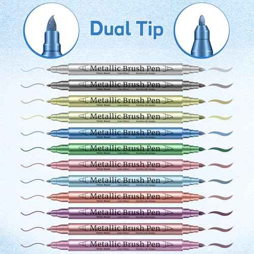 12 Pack Metallic Markers, Dual Tip Glitter Pens for Black Paper & Rock Painting Metallic Acrylic Paint Markers for DIY Crafts, Scrapbooking, Glass, Wood, Cards Alcohol Based Quick Dry Ink