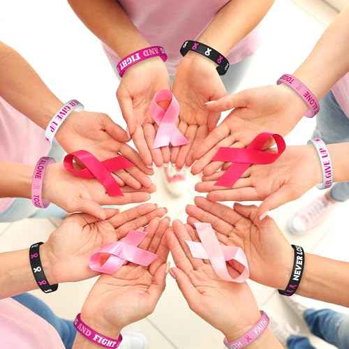 WATINC Breast Cancer Awareness Silicone Bracelets Set - Pink Ribbons Hope Faith Strength Courage Stretch Wristbands, Motivational Rubber Bracelet with Inspirational Messages for Women (240Pcs)
