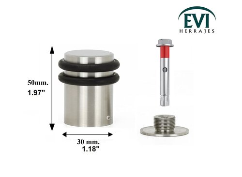 EVI | Heavy Doorstop | 1.2'' X 2'' | Reinforced | Threaded Base | Black Rubber | Stainless Steel | Includes Screw + Metallic Anchor | Mod I-0.8''6/50