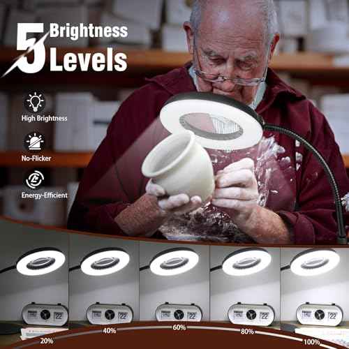 10X Magnifying Glass with Light and Stand, 5 Color Modes Stepless Dimmable LED Desk Lamp, Adjustable Flexible Gooseneck Lighted Magnifier Hands Free for Close Works, Crafts, Hobby, Reading, Painting