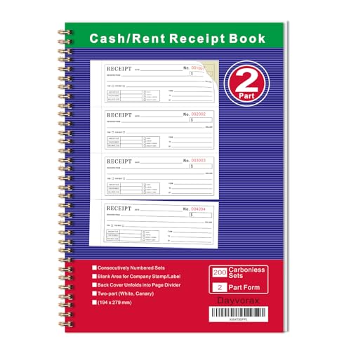 Dayvorax Money & Rent Receipt Book, 2-Part Carbonless, 200 Sets, 7-5/8 x 11, Wraparound Cover, Spiral Bound (Variation 1)