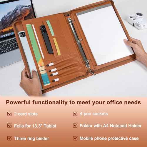 AZXCG Zipper Portfolio Padfolio Binder,3-Ring Padfolio for Women and Men,A4/Letter Size,PU Leather with iPad,Professional Organizer for Resume/Interview (Brown)