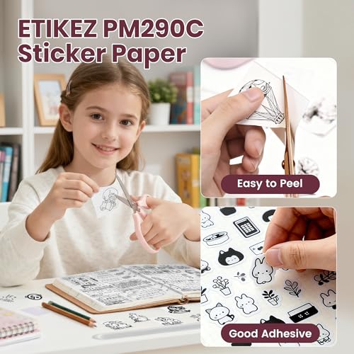 Genuine Self-Adhesive Thermal Printer Stickers, Compatible with PM290C Mini Sticker Printer, Black on White, 54mmx3.2m Sticker Paper for Journal, Study, Photos, Note, 3 Rolls, White
