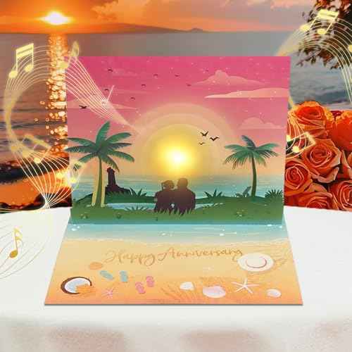 Anniversary Pop up Cards, Musical Anniversary Card with Sunset on the Beach View, Beach Vacation Invitation Card for Women Men Couple Wife Husband