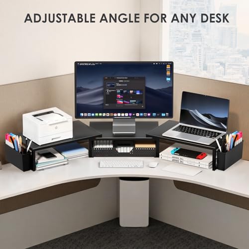 OPNICE Black Dual Monitor Stand Riser with Drawer & Pen Holders - Desk Organizer & Laptop Stand