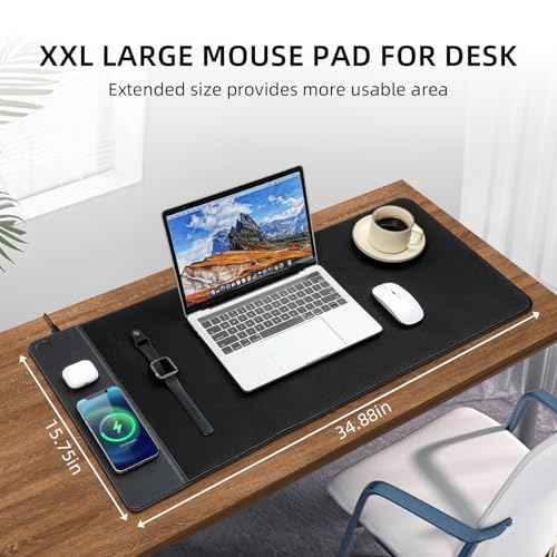 3 in 1 Wireless Charging Mouse Pad, Gaming Mousepad with Wireless Charger Multiple Devices Compitable with Watch/iPhone/Airpods, Large Desk Mat 80 x 40cm,Desk Pad for MacBook, PC, Laptop-Black