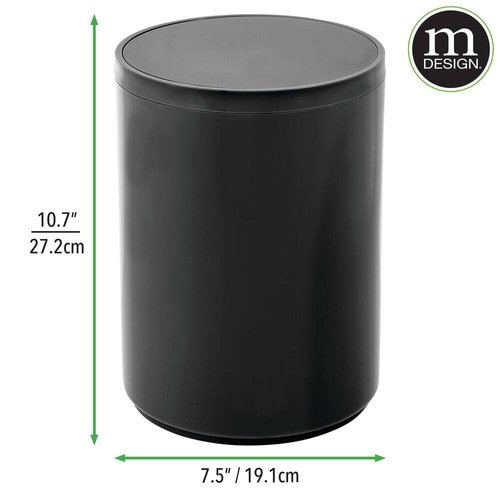 mDesign Plastic Small Slim Round 1.7 Gallon/6.5 Liter Trash Can with Removable Swing Lid - Wastebasket, Garbage Container Basket Bin for Master/Guest Bathroom - Holds Rubbish/Recycle - Black