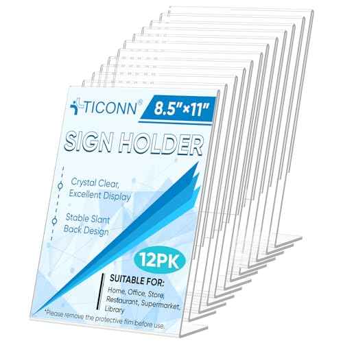 TICONN 8.5 x 11 Acrylic Sign Holder, L Shape Clear Sign Stand for Displaying, Plastic Paper Holder for Office, Store, Restaurant (Vertical 12 Pack)