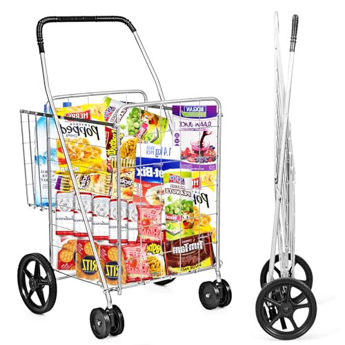 Byroce Folding Shopping Cart, Jumbo Grocery Cart on Wheels w/Double Basket, Portable Handle & Rolling Swivel Wheels, Heavy Duty Utility Cart for Groceries Laundry Book Travel Luggage (Silver)