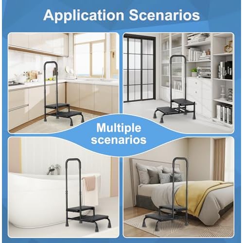 Step Stool for Seniors, 2 Stepping Stool for Bed Heavy Duty with Handle for Adults, Medical-Grade Footstool Supporting Up to 350 lbs, Black