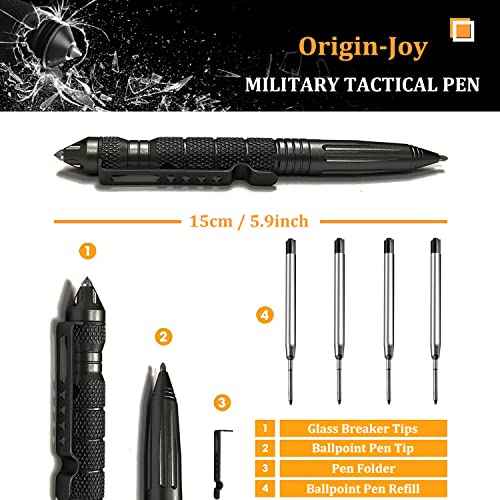 Origin-Joy 7 Pack Tactical Pens Self Defense, Military EDC Glass Breaker Pen for Men and Police, Heavy Duty Metal Pen with 28 Black Refills