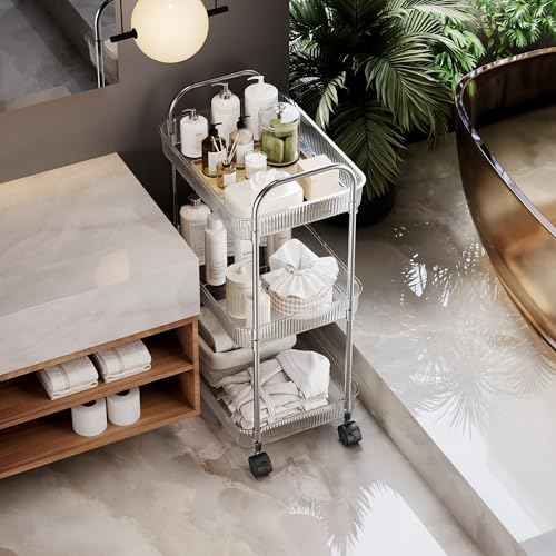 3 Tier Rolling Cart with Wheels, Utility Trolley with Handle, Clear Acrylic Movable Storage Organizer for Kitchen, Bathroom, Nursery, Laundry, Book, Snack, Craft