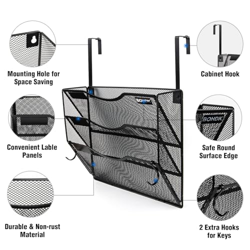 BOHDK 3-Tier Black Wall File Organizer, Hanging Mail & Document Rack, Wall & Door Mount