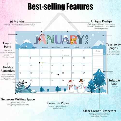 Guasslee Desk Calendar 2026-2028,36 Months Calendar Runs from 2026 Jan. to 2028 December, 17"x11.5" Monthly Desktop/Wall Planner with Thick Paper and Notes for Home School & Office