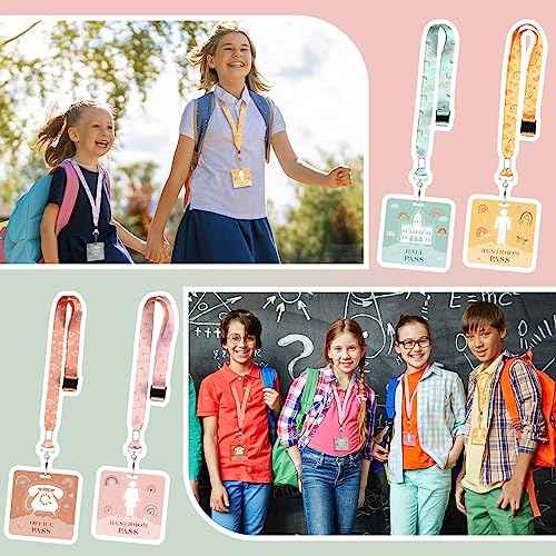 Kosiz 6 Sets PVC Boho Hall Pass Lanyards and School Passes Set Include 6 Pcs Unbreakable PVC Classroom Passes 6 Pcs Neck Lanyard for Teacher Must Have Student Nurse Office Classroom Supplies Reusable