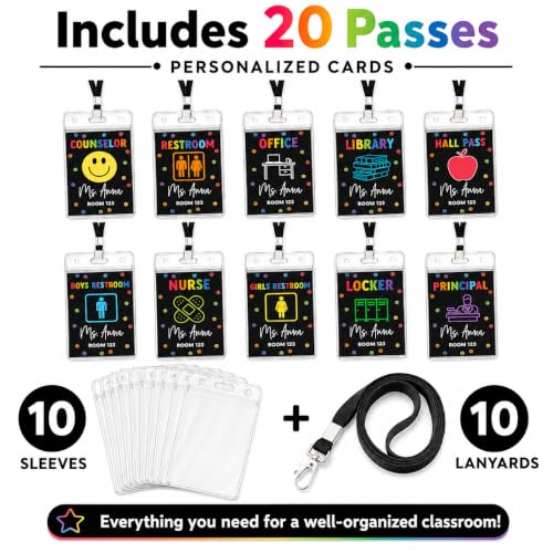 Rainbow Polka Dots Personalized Teacher Hall Pass Set with Cardholder Lanyards