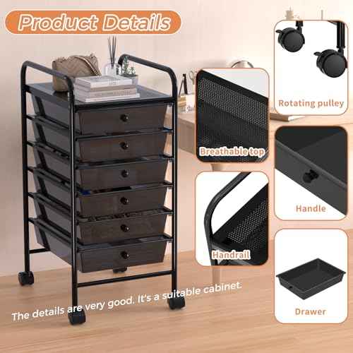6 Tier Utility Rolling Cart with 6 Drawers Multipurpose Rolling Storage Cart with Wheels and Handles for Office Classroom Kitchen Bathroom Bedroom Organization Black
