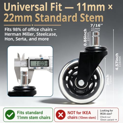 LSWhee 3-Inch Office Chair Wheels, 880lbs Silent Castors, Transparent Black (5-pack) – Universal 7/16" Fit