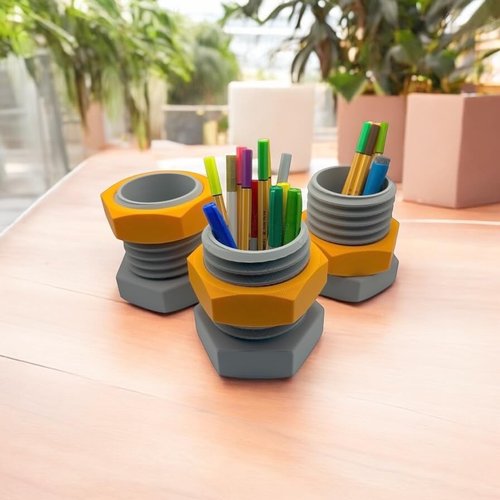 Nut and Bolt Design Desk Organizer, Pencil Holder for Office and Home, Back to Work Gift, Office Welcome Back Gift, Coworker Welcome Back Surprise, Gray and Orange