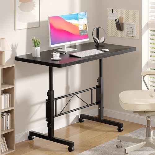 VECELO Small Standing Desk Adjustable Height, Mobile Computer Workstations with Wheels, Portable Rolling Laptop Table for Walking Pad, Home Office, Dark Black