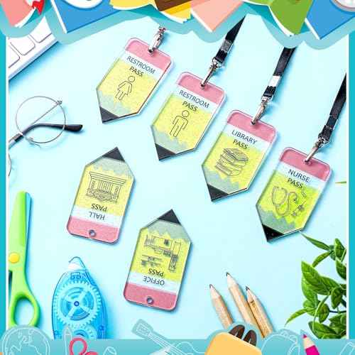 6 Sets Back to School Party Favors Acrylic Hall Pass Lanyards Unbreakable School Classroom Passes Set for Teachers Cute Classroom Decor for Bathroom, Library, Office and Nurse Supplies Gifts