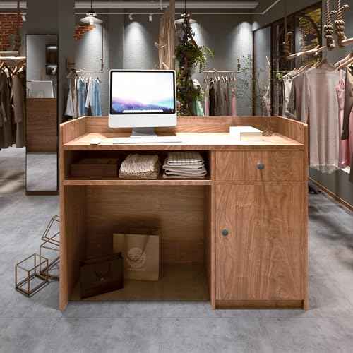 Modern Reception Desk with Drawer and File Cabinet ? Front Counter Table for Office, Salon, Spa, Retail ? Small Reception Desk for Small Spaces (European Oak, 47.24in)