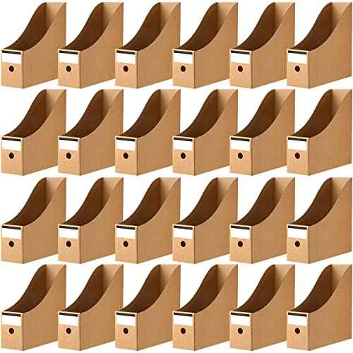 Thenshop 24 Pcs Cardboard Magazine File Holders Magazine Book Bin Box with Label Sticker Paper Organizer Storage Folder for Desk Shelves School Classroom Office Supplies(Classic,Brown)