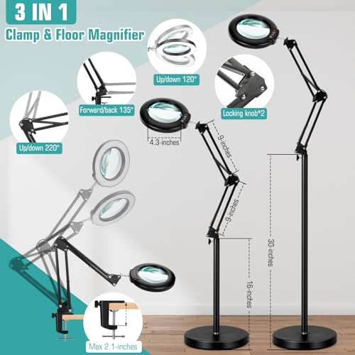 10X Magnifying Glass with Light and Stand, 3-in-1 Adjustable Swivel Arm LED Magnifying Floor Lamp, 5 Color Modes Brightness Stepless Dimming Lighted Magnifier Hands Free with Clamp for Craft, Reading