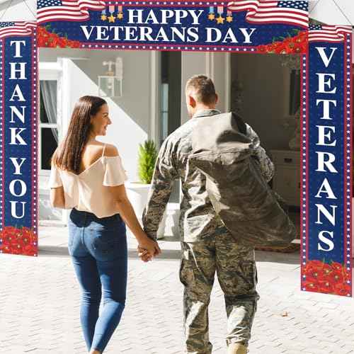 3 Pcs Veterans Day Porch Banners Thank You Banner 4th of July Patriotic Independence Day Backdrop Thank You Veterans Backdrop Blue Veteran's Fence Banner Decorations for Party