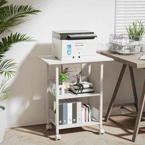 Printer Stand, 3-Tier Industrial Large Printer Table with Shelf, 23"x15" Mobile Heavy Duty Storage Rack on Wheels for Home Office Printer Fax Machine Scanner Copier, White